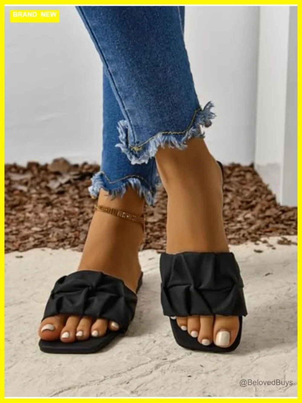 Women's Square Toe Slide Sandals Flat Ruched Design Slip On Comfortable
